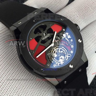 Perfect Replica Hublot Classic Fusion Black Bezel Hollow Tourbillon Dial 45mm Watch